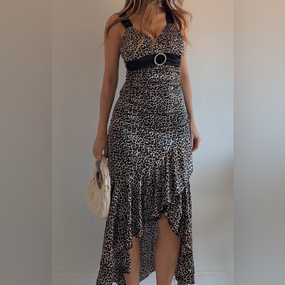 VTG Taboo Leopard Print Ruffle Maxi Dress with Rhinestone Buckle Size S Y2K